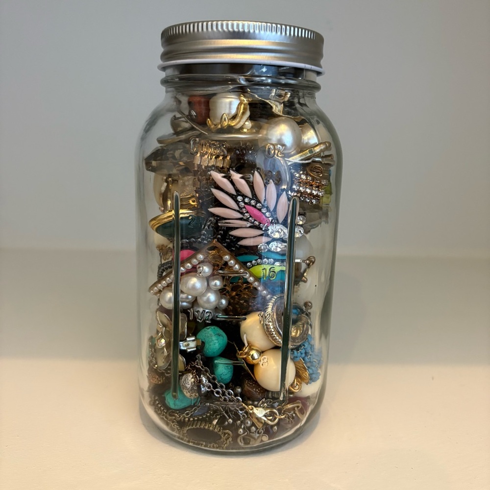 Mystery Jewelry Craft Lot in Glass Mason Jar Assorted Pieces DIY Crafting